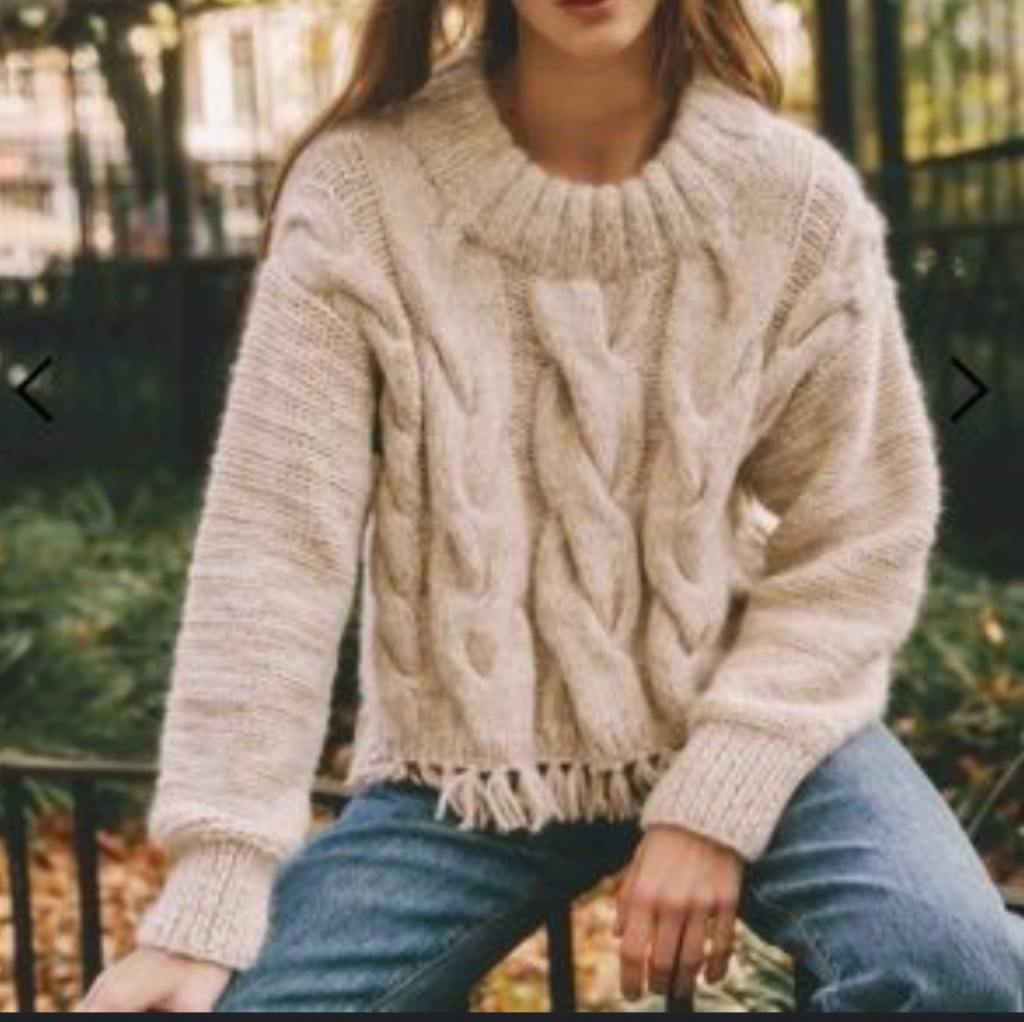 Westside. Plush Cable Knit Baby Alpaca, Wool Fringe Cropped Betsy Pullover